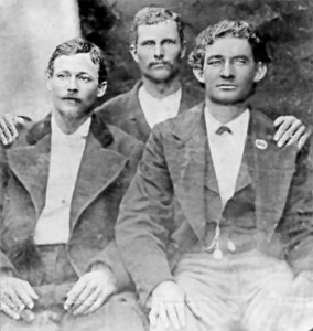  John D. Glenn (left) and Silas S. Glenn Jr. (center)  and Robert (right) A fourth brother, "Jerry", died in a gunfight in Tehachapi in 1878. (Photo from the Virginia R. Harshman Collection)